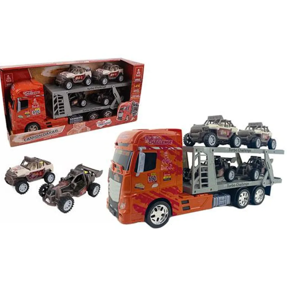Enfant TURBO CHALLENGE Camion de transport à friction Paris/Dakar + 4 véhicules 44 cm